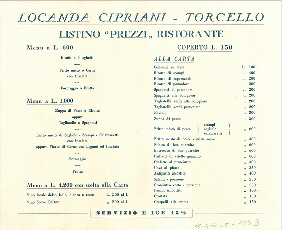 A menu from 1953, featuring Venetian and Italian dishes.