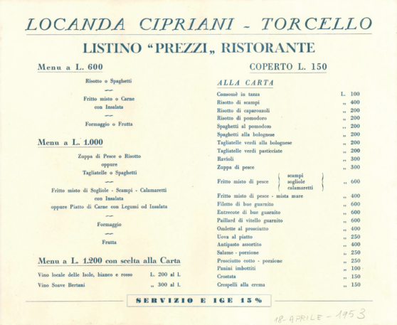 Un menù del 1953, con piatti della tradizione veneziana e italiana